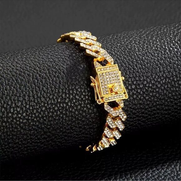 18K Gold Plated and Crystal Cuban Link Bracelet - Picture 9 of 11